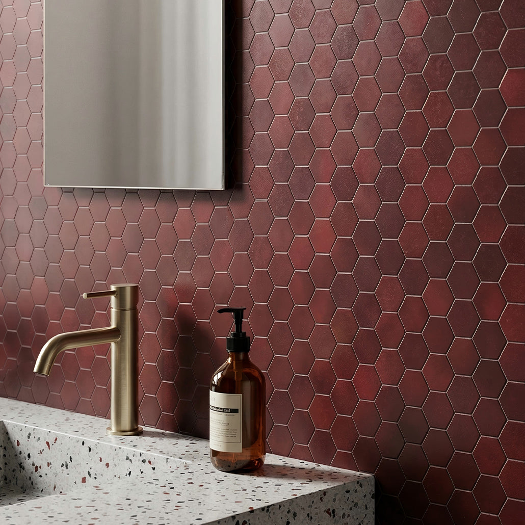 Panneau Mosaïque Autocollant | Hexagone Bordeaux | 28,8×29,2 cm | Métal
