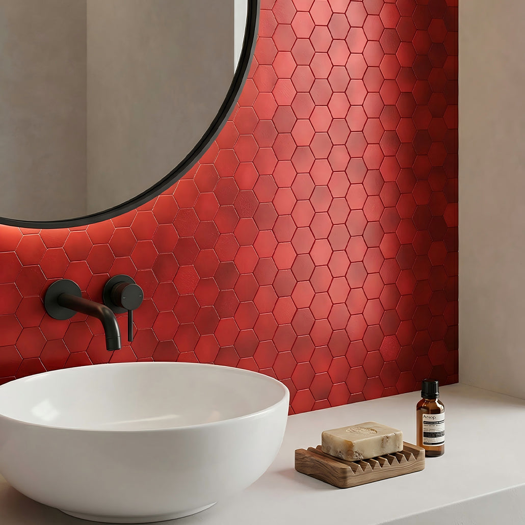 Panneau Mosaïque Autocollant | Hexagone Rouge | 28,8×29,2 cm | Métal