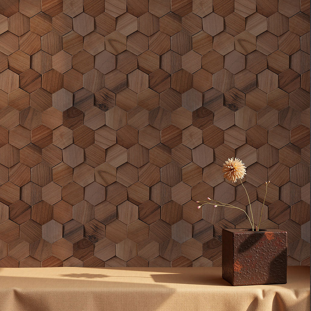 Panneau Mosaïque en Bois | Noyer Velours | 31×30 cm | Carrelage en Bois