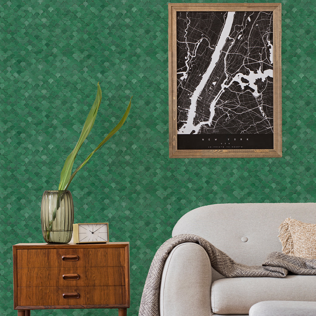 Panneau Mosaïque Autocollant | Écaille de Poisson 3D Vert foncé | 28,8×29,8 cm | Métal