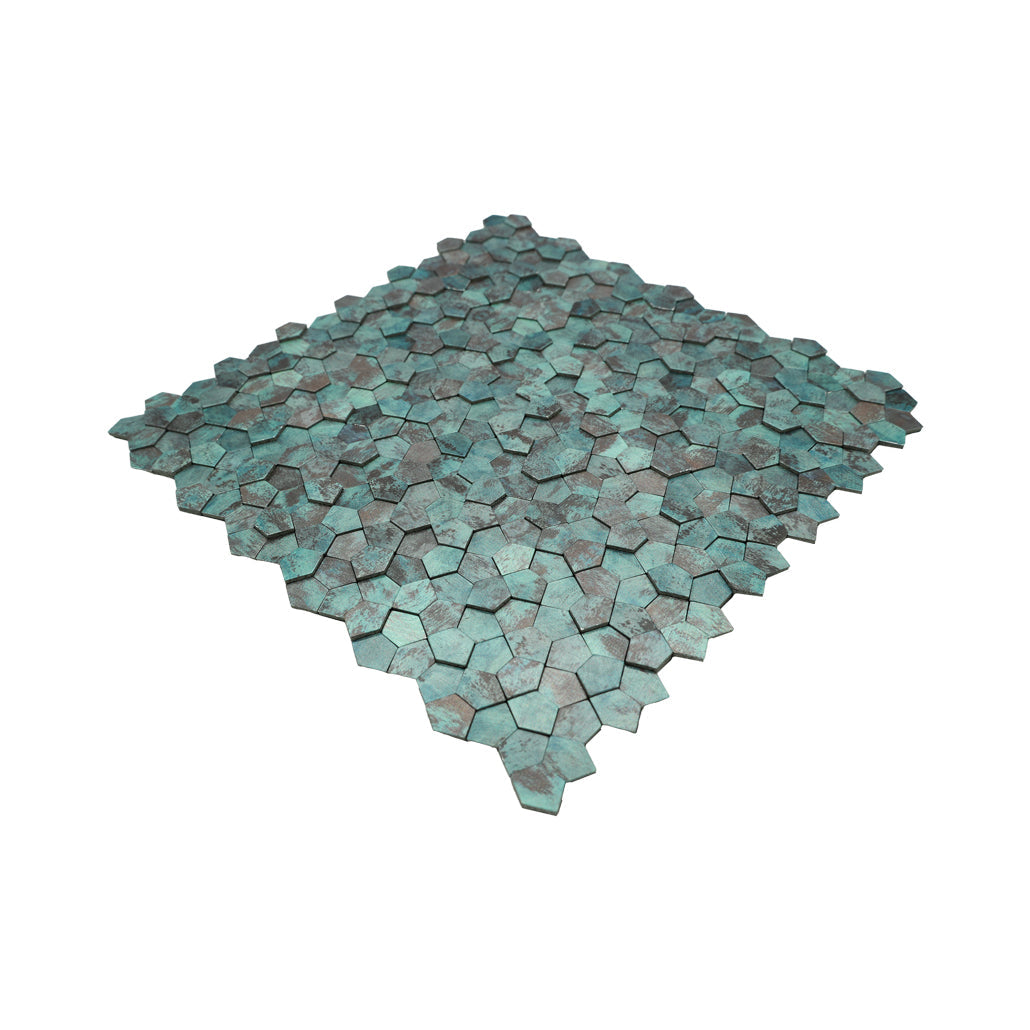 Panneau Mosaïque Autocollant | Pentagone 3D Cuivre patiné | 28,2×28,2 cm | Métal
