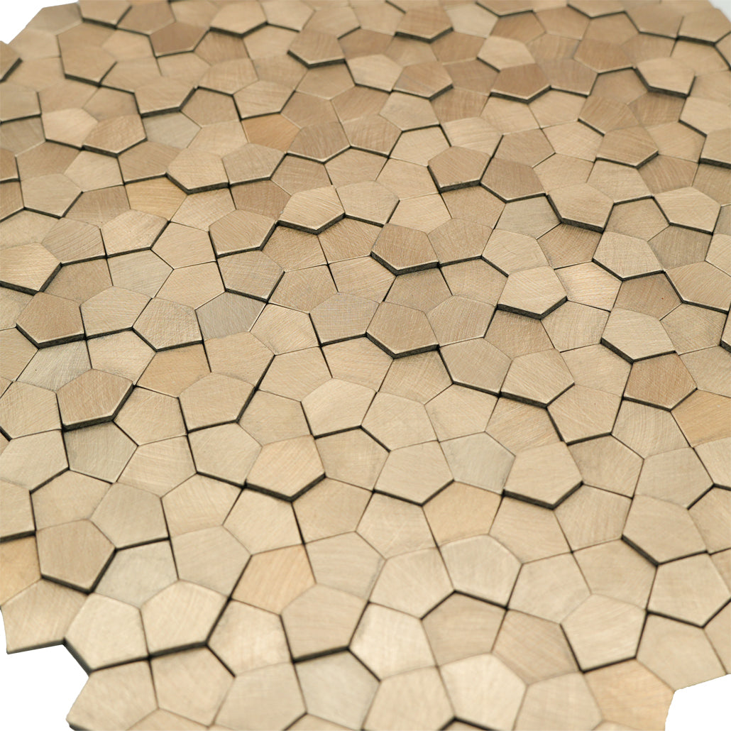 Panneau Mosaïque Autocollant | Pentagone 3D Champagne | 28,2×28,2 cm | Métal
