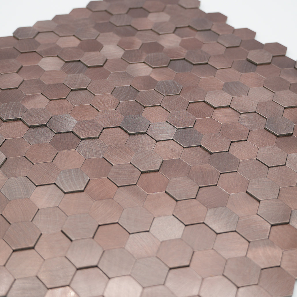 Panneau Mosaïque Autocollant | Mini Hexagone 3D Cuivre foncé | 29,8×30,7 cm | Métal