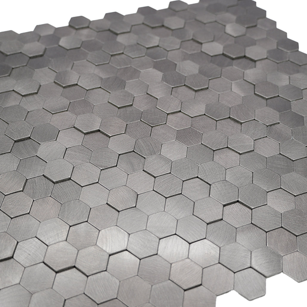 Panneau Mosaïque Autocollant | Mini Hexagone 3D Anthracite | 29,8×30,7 cm | Métal