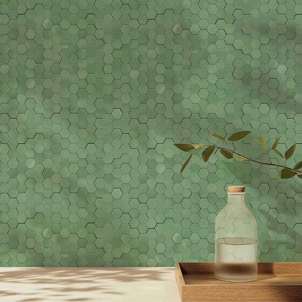 Panneau Mosaïque Autocollant | Mini Hexagone 3D Vert pastel | 29,8×30,7 cm | Métal