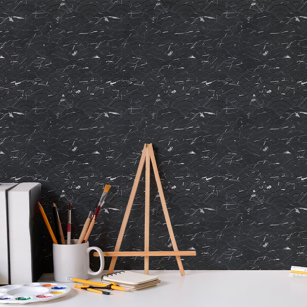 Panneau Mosaïque Autocollant | Éventail Noir | 26,8×28,1 cm | Métal
