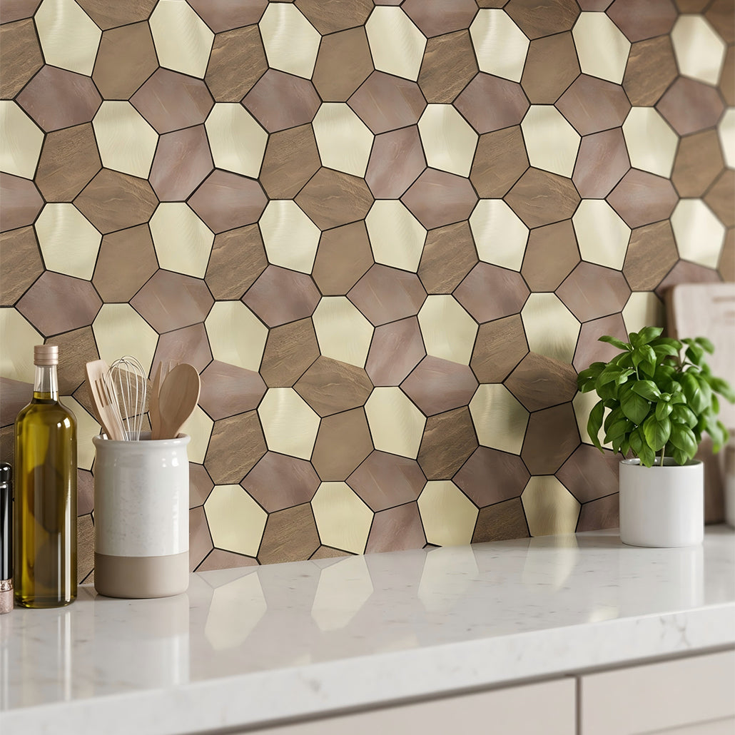 Panneau Mosaïque Autocollant | Polygone Or | 30×26,2 cm | Métal