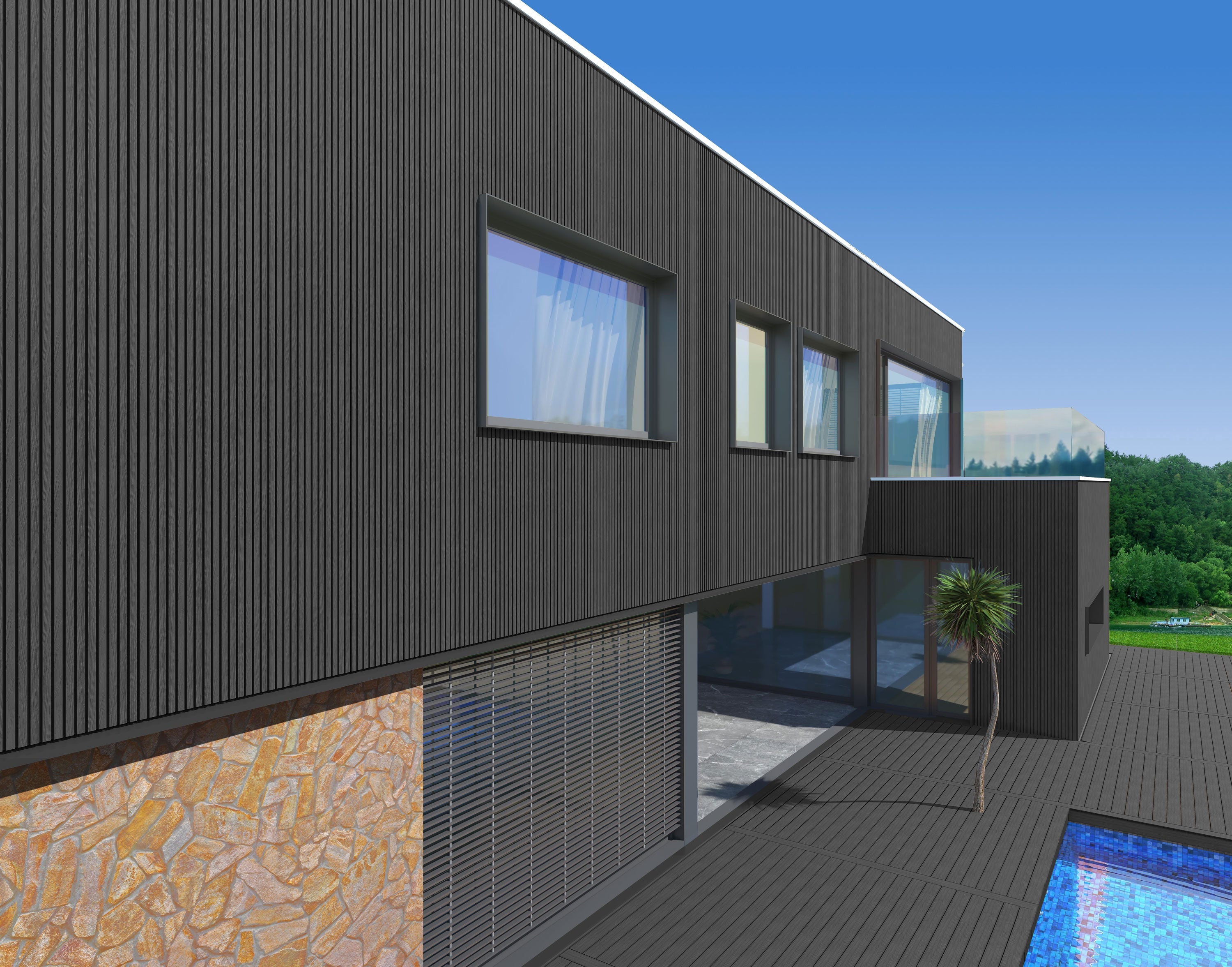 Panneau Extérieur Noir 290CM | Façade | Jardin | Texture Bois 3D