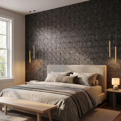 Nolan Noir panneau mural déco derrière le lit dans une chambre
