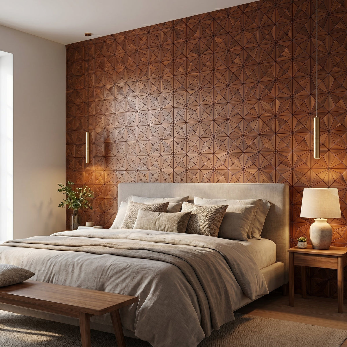 Nolan Brun panneau mural déco derrière le lit dans une chambre