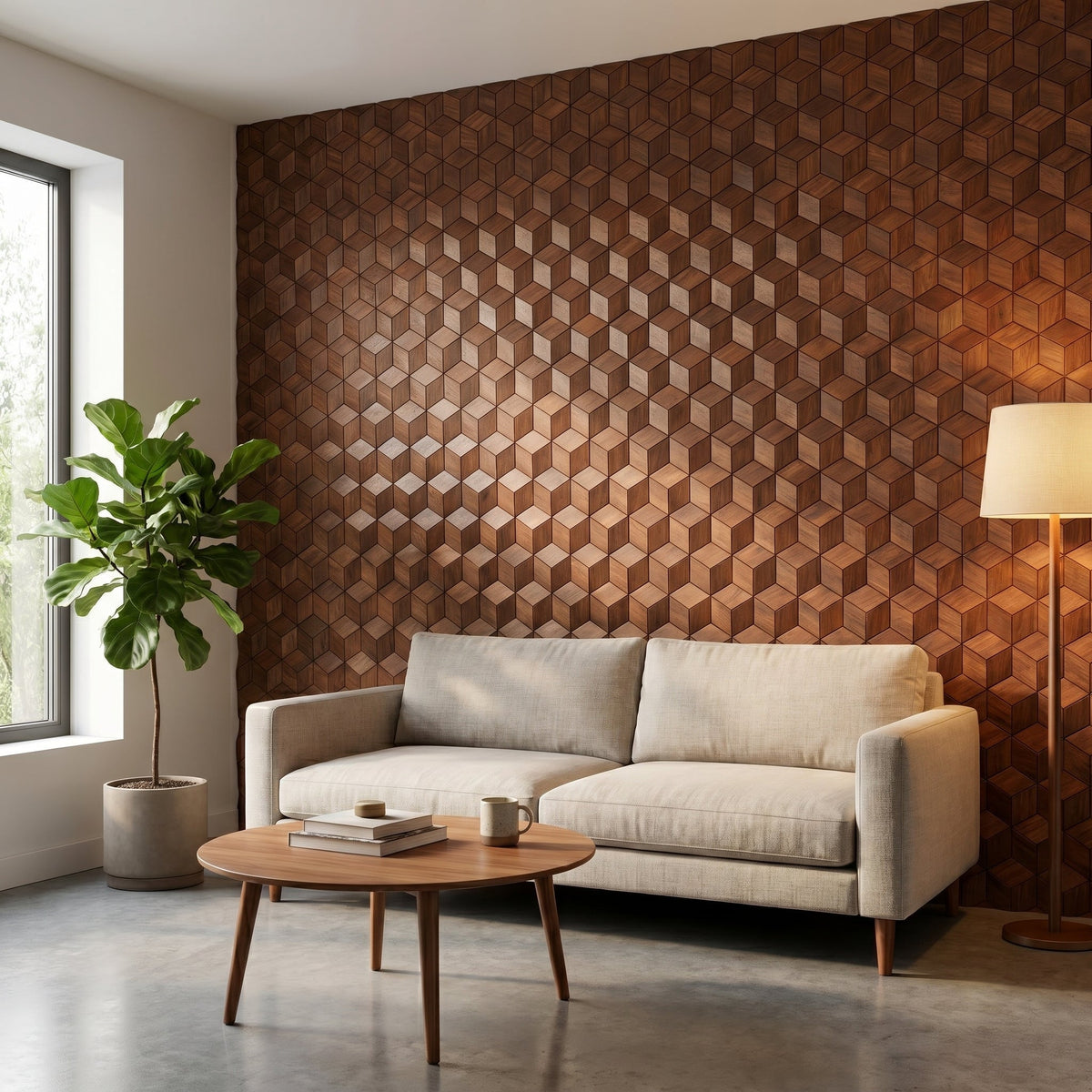 Lobelia Cuivre Rouille panneau mural déco dans un salon moderne