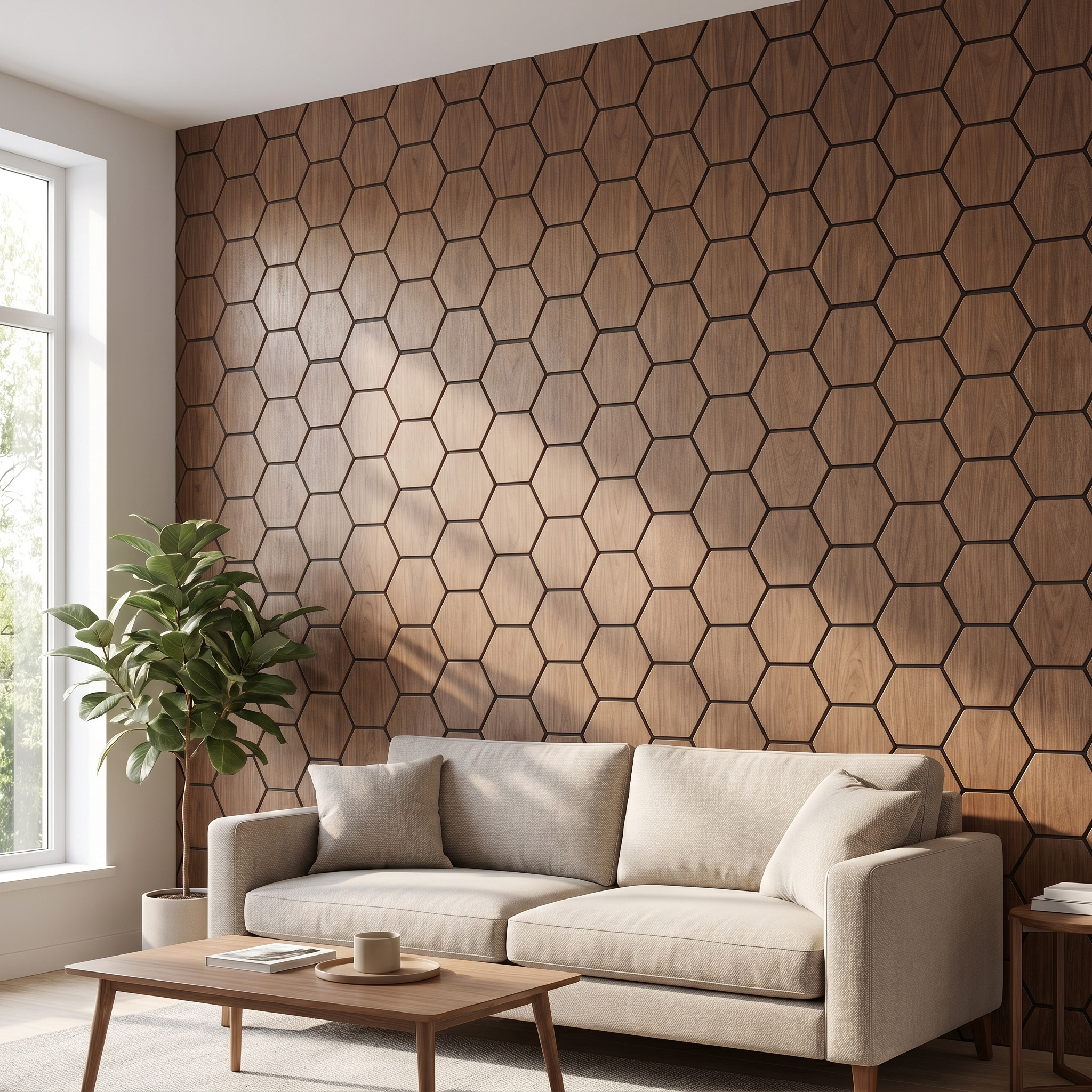 Panneau hexagonal noyer salon
