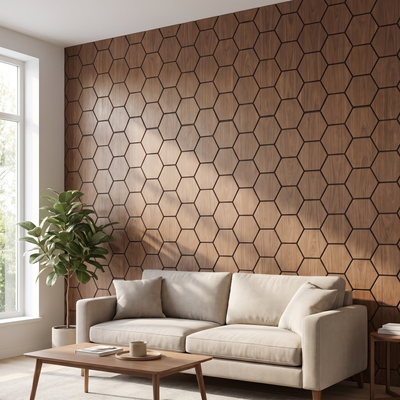 Panneau hexagonal noyer salon