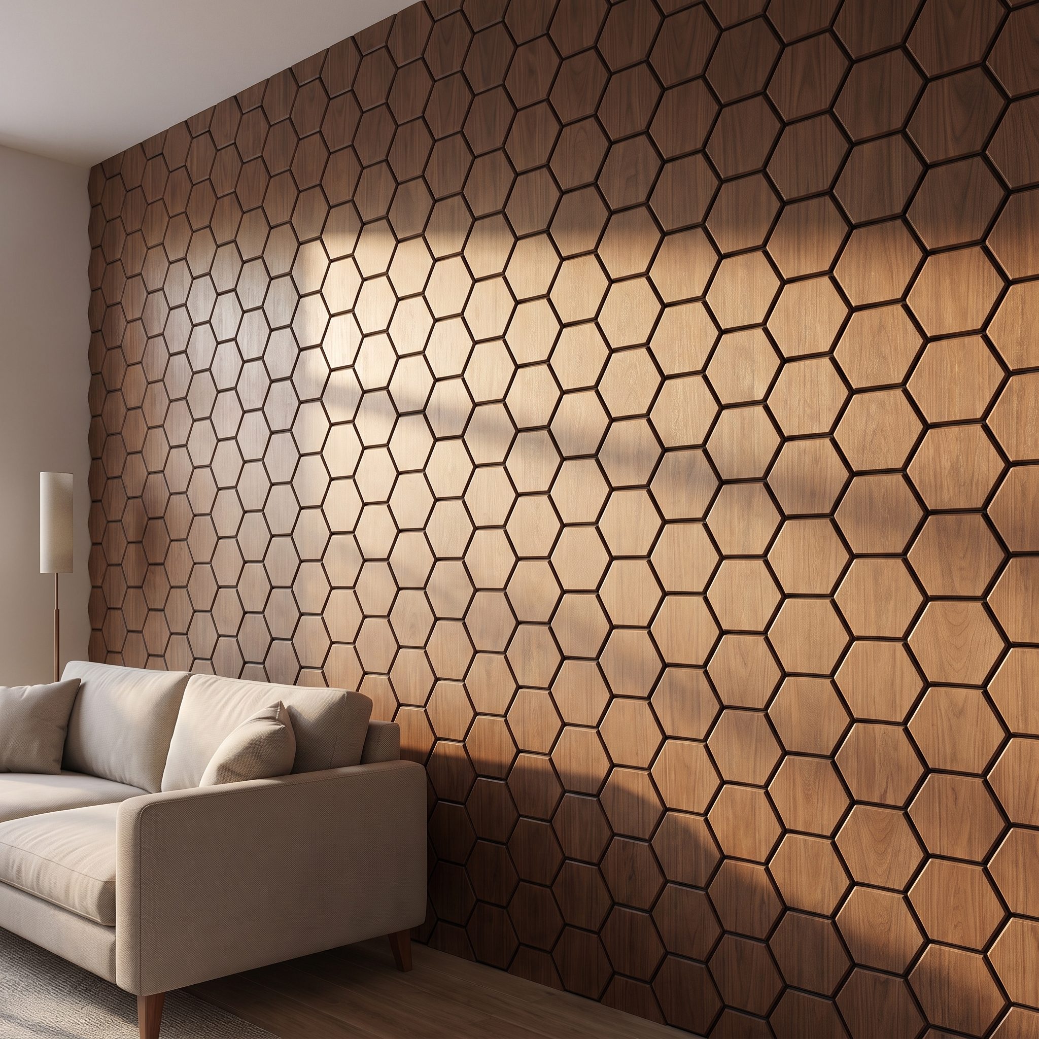 Panneau hexagonal noyer vue de côté profondeur 3D