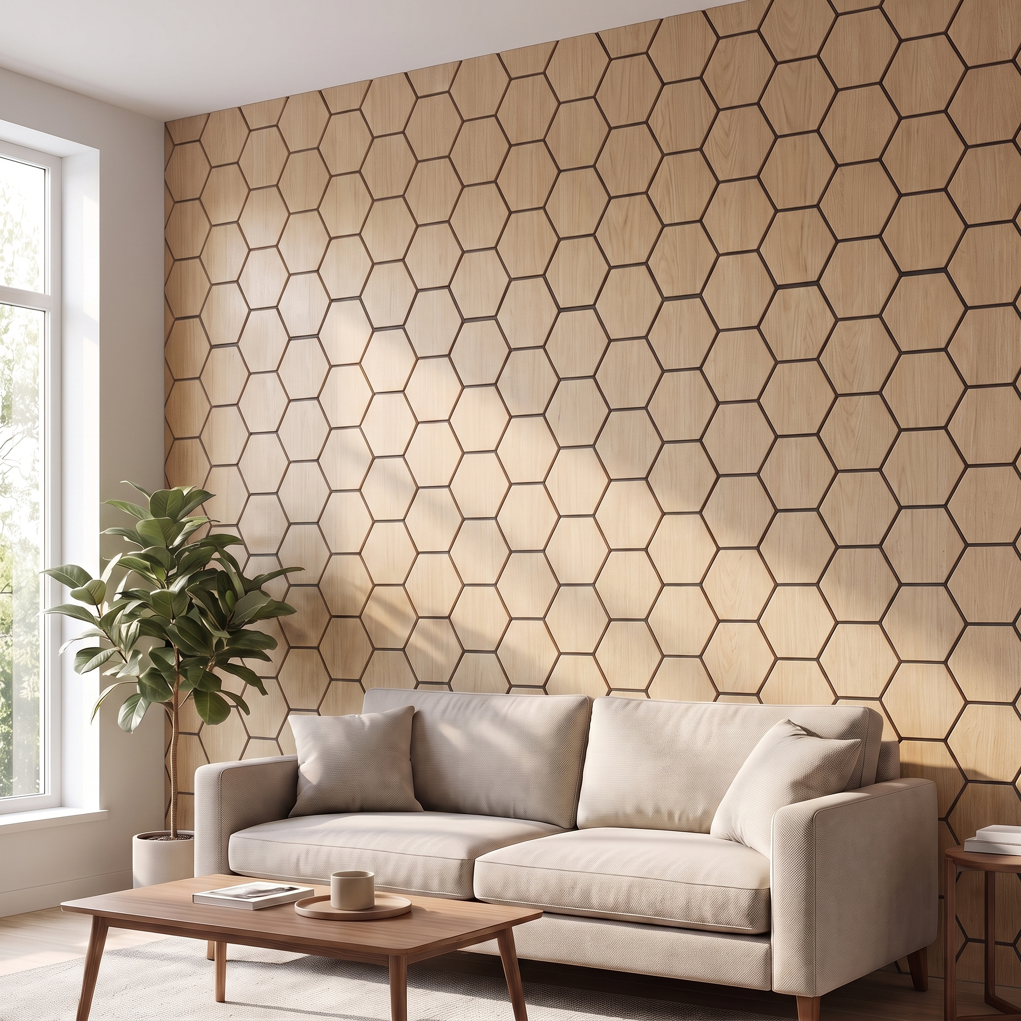 Panneau hexagonal chêne naturel salon