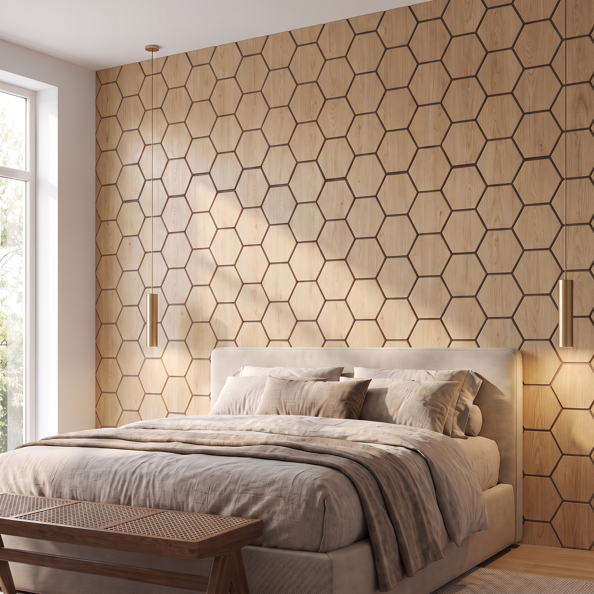 Panneau hexagonal chêne naturel chambre