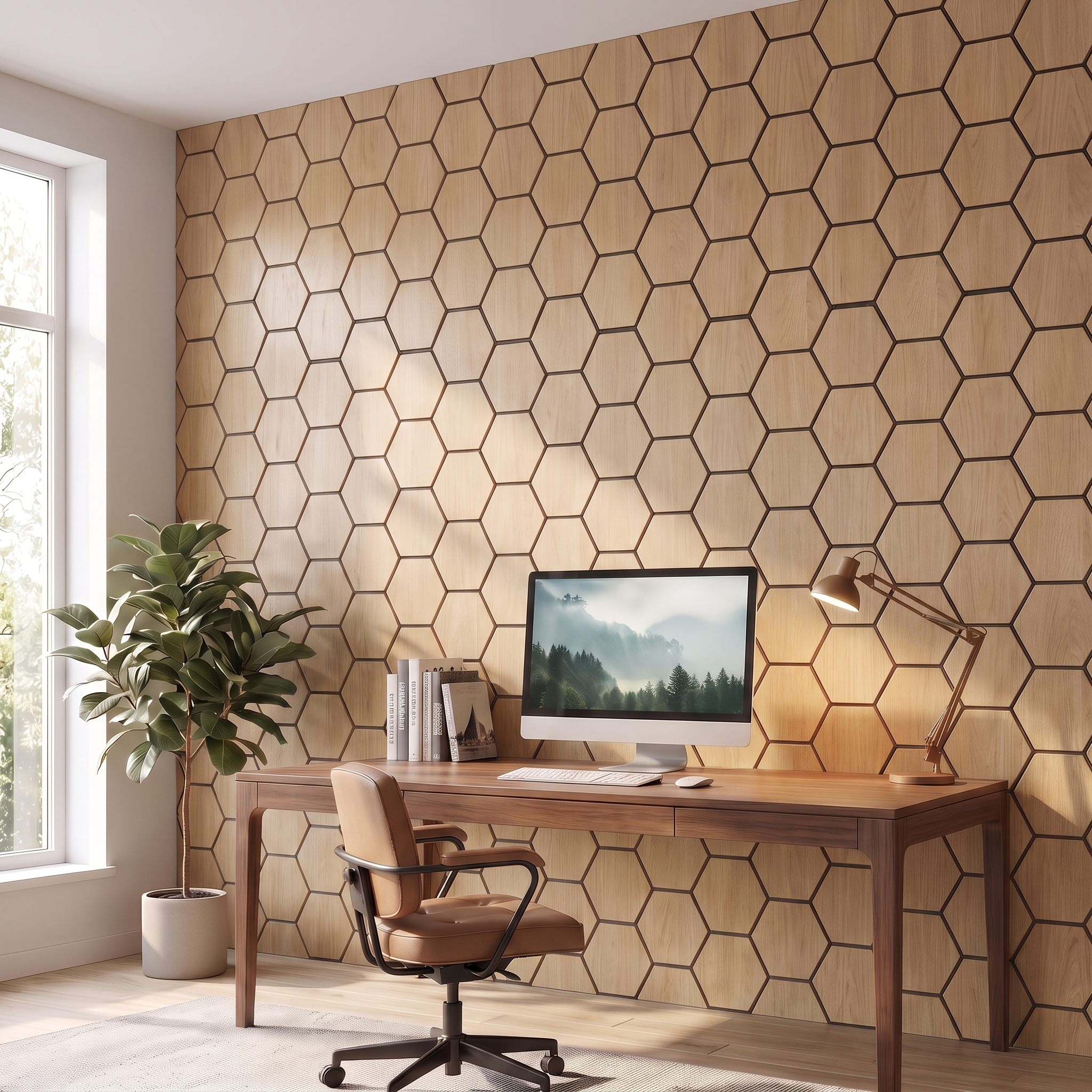 Panneau hexagonal chêne naturel bureau à domicile