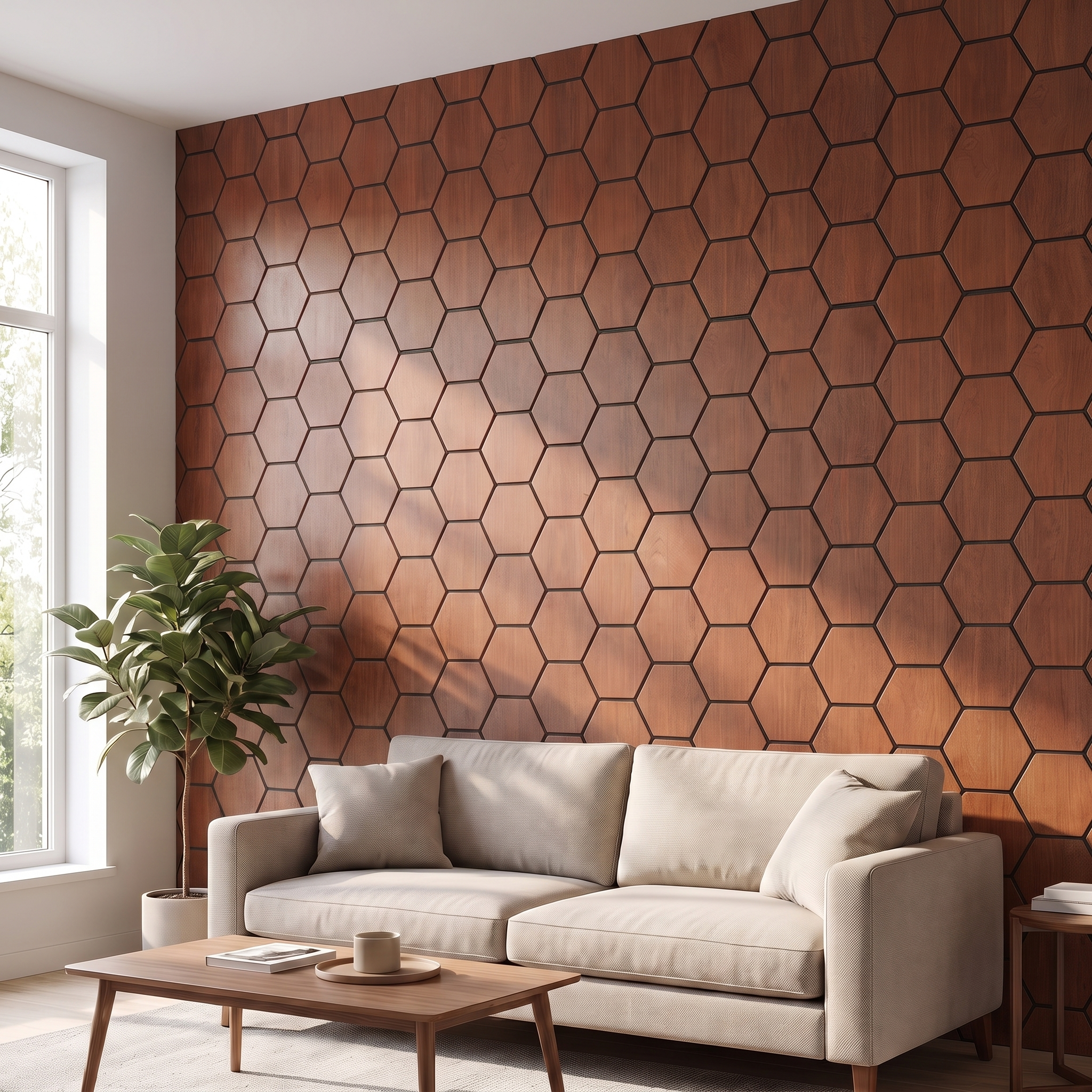 Panneau hexagonal chêne fumé salon