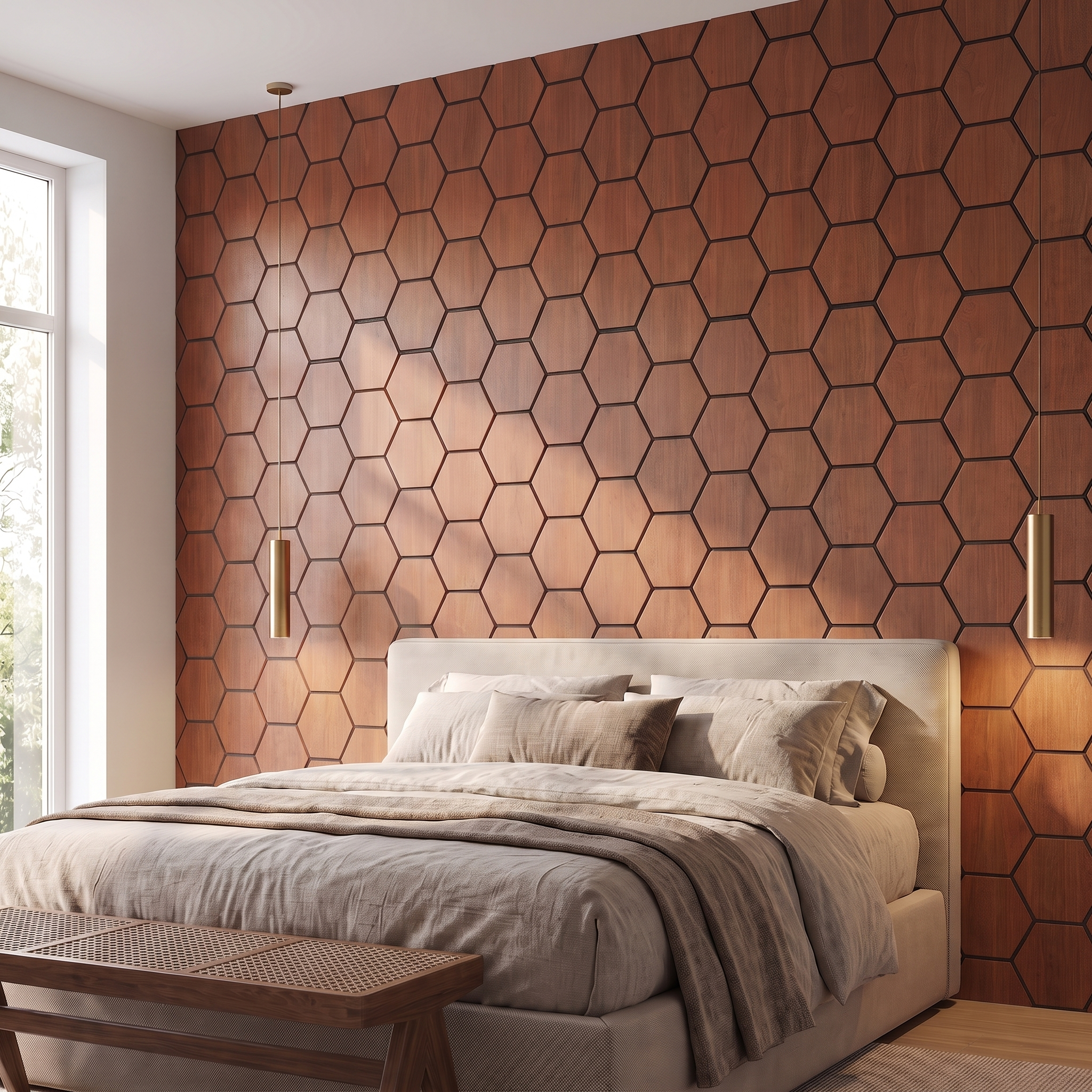 Panneau hexagonal chêne fumé chambre