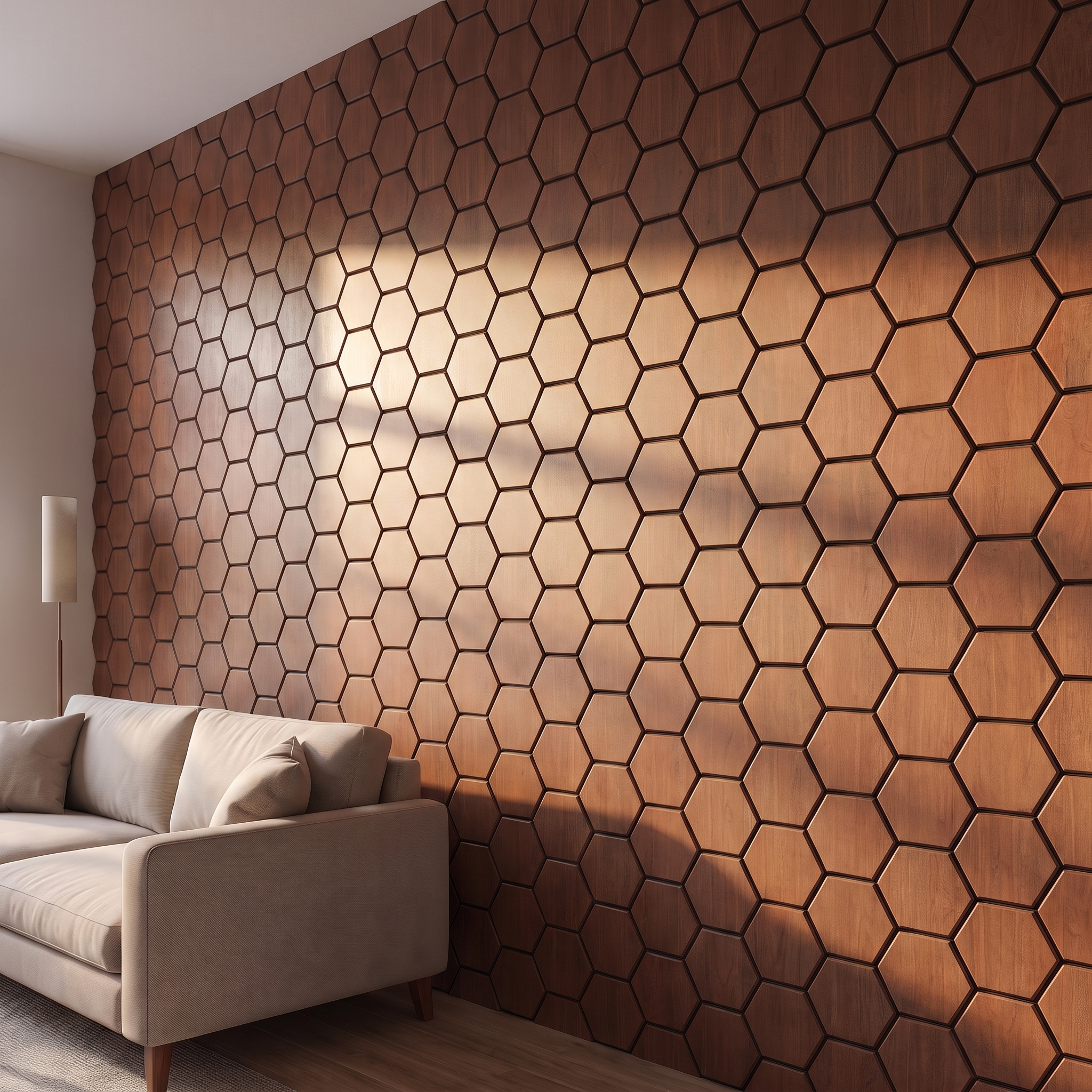 Panneau hexagonal chêne fumé vue de côté profondeur 3D