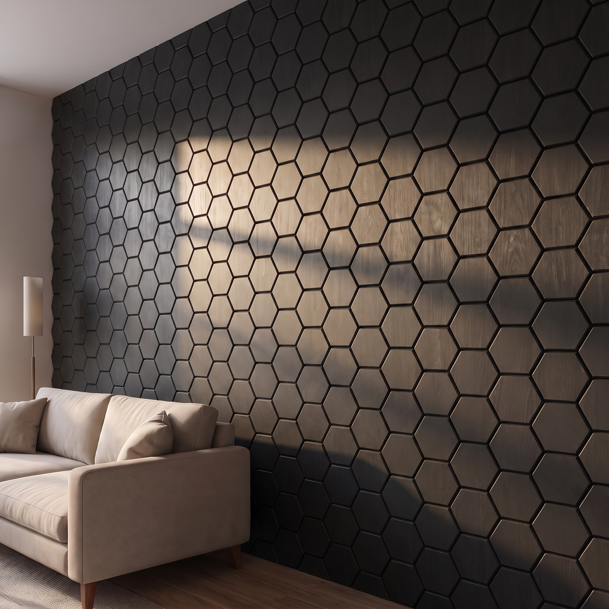 Panneau hexagonal noir vue de côté profondeur 3D