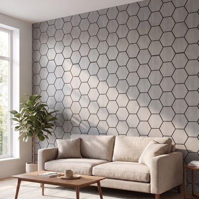 Panneau hexagonal noyer gris salon