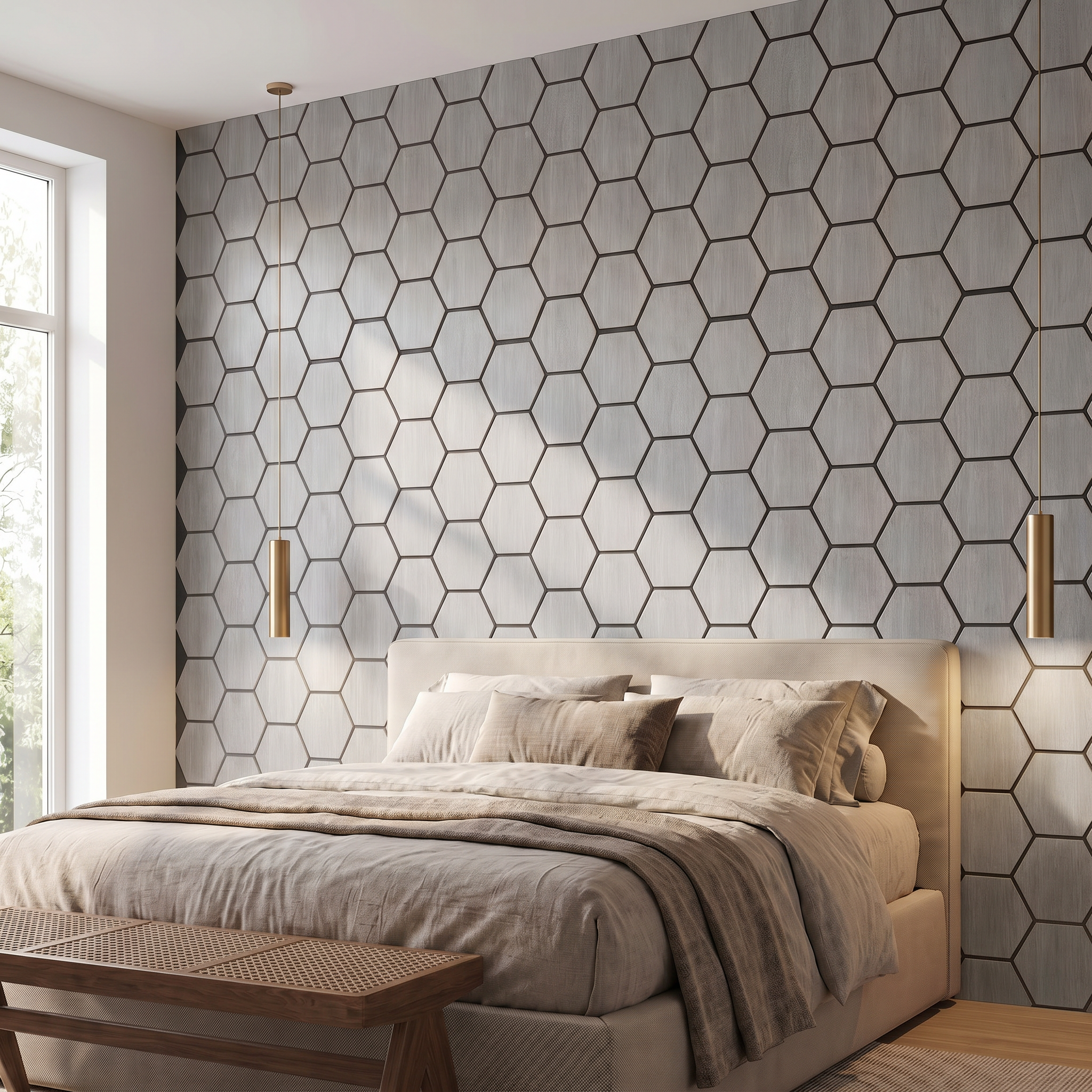 Panneau hexagonal noyer gris chambre