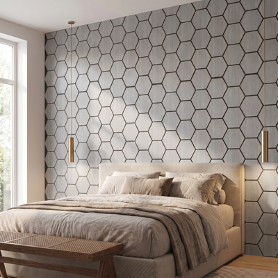 Panneau hexagonal noyer gris chambre