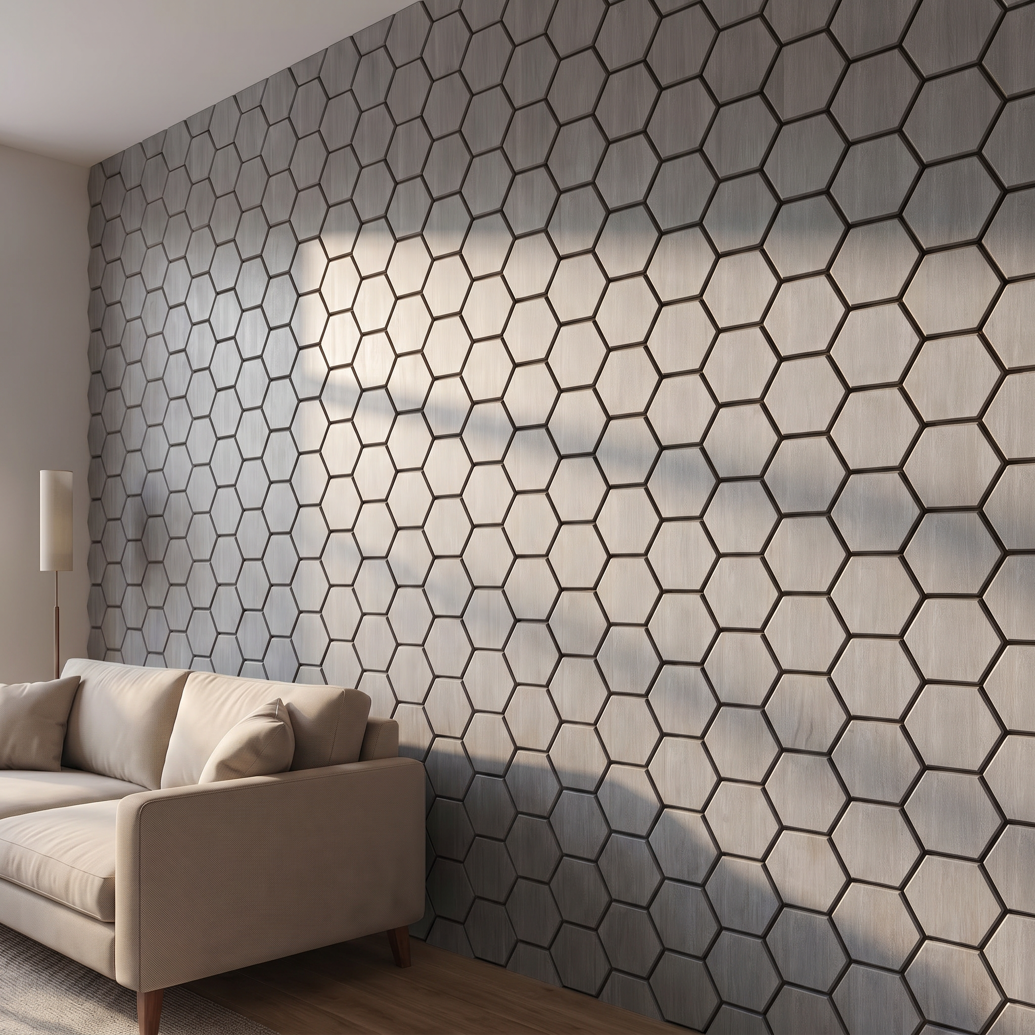 Panneau hexagonal noyer gris vue de côté profondeur 3D