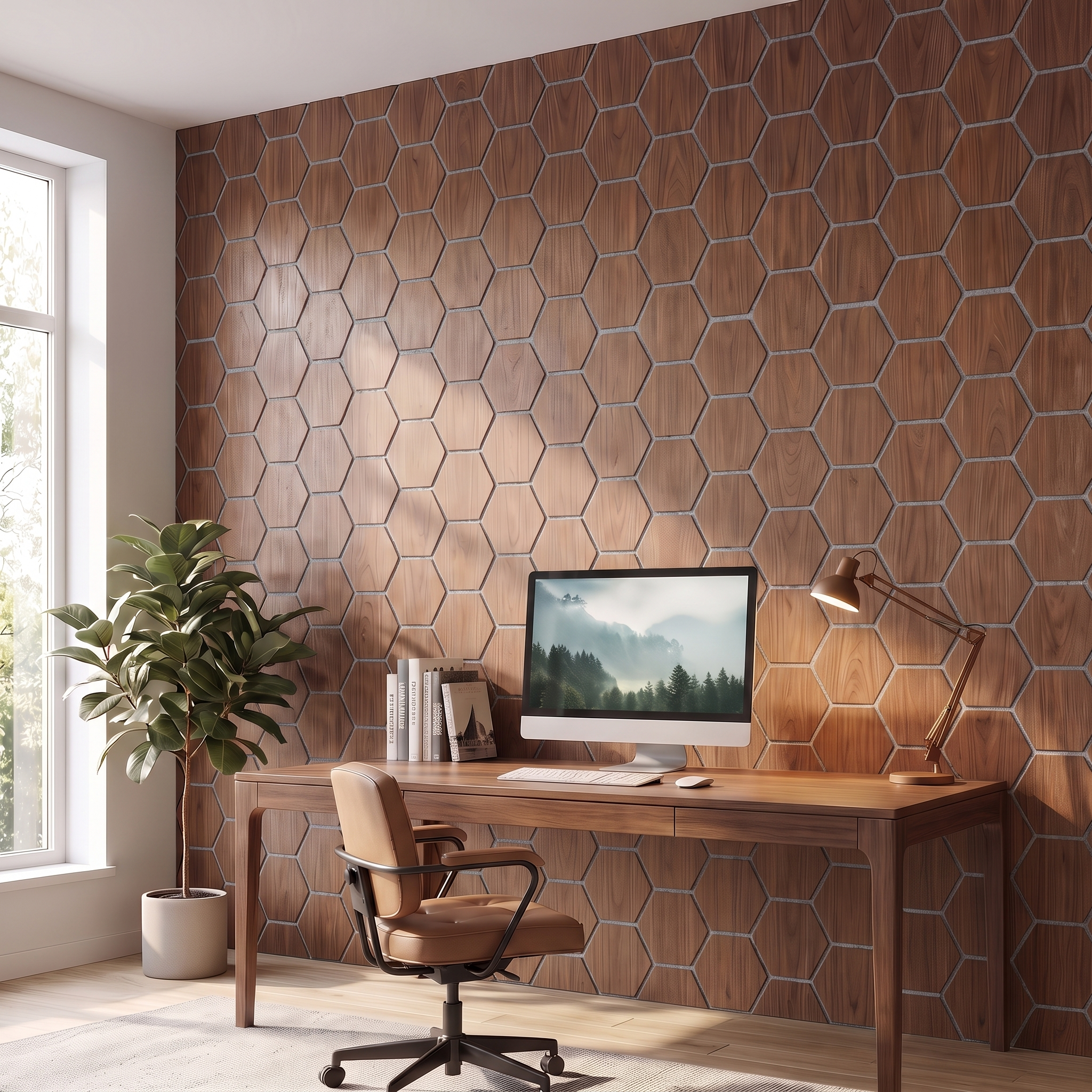 Panneau hexagonal noyer feutre gris bureau à domicile