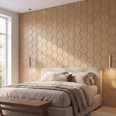 Panneau hexagonal chêne naturel feutre gris chambre
