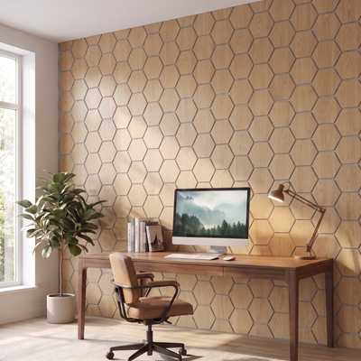 Panneau hexagonal chêne naturel feutre gris bureau à domicile
