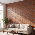 Panneau hexagonal chêne fumé feutrine grise salon