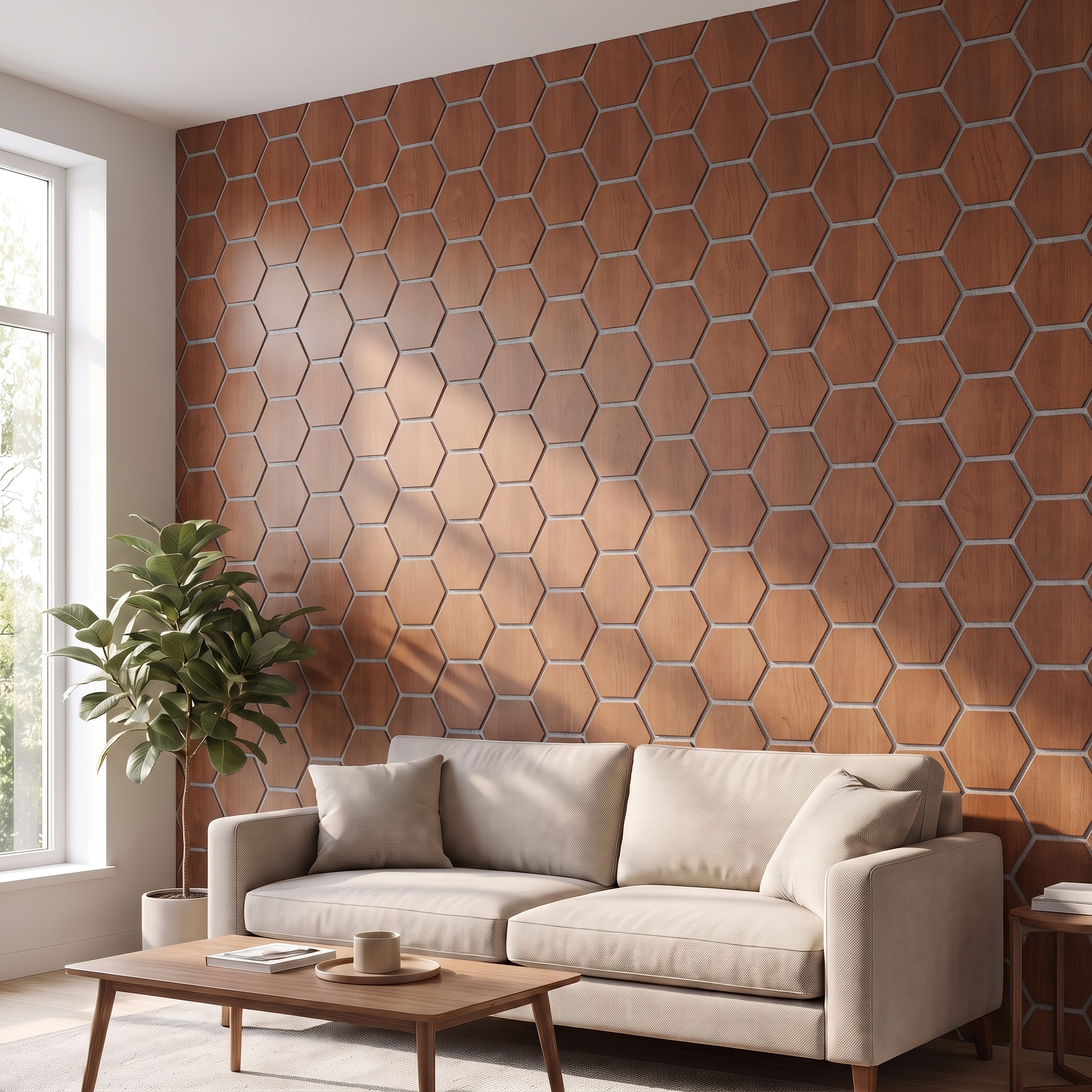 Panneau hexagonal chêne fumé feutrine grise salon