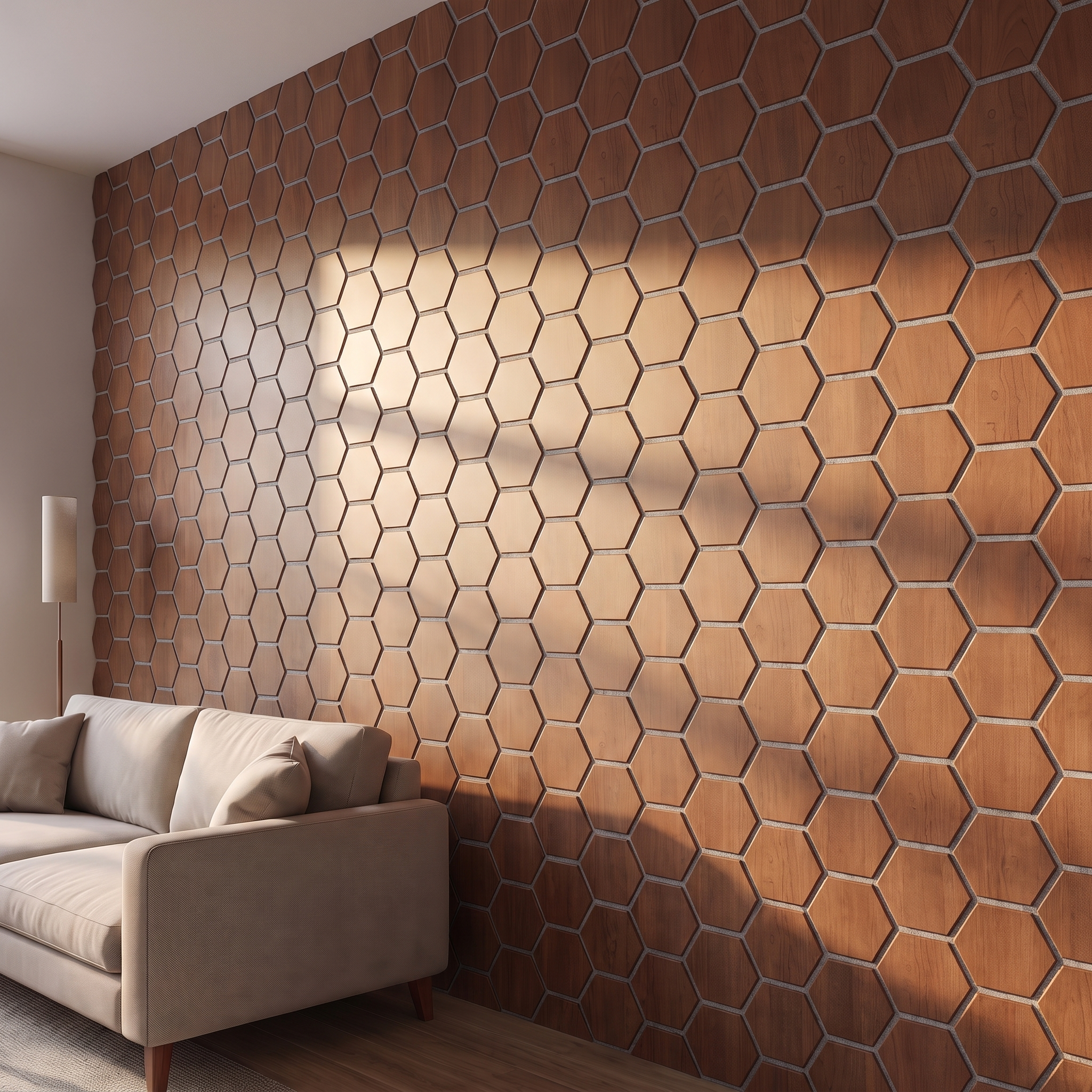 Panneau hexagonal chêne fumé feutrine grise vue de côté