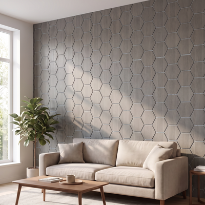 Panneau hexagonal noyer gris feutrine grise salon