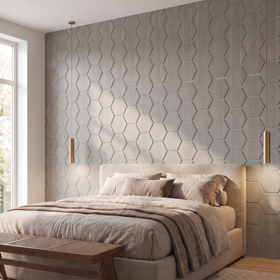Panneau hexagonal noyer gris feutrine grise chambre