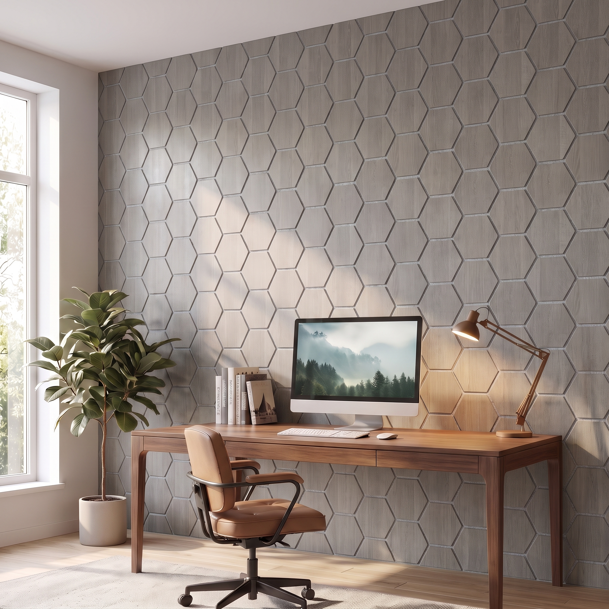 Panneau hexagonal noyer gris feutrine grise bureau à domicile