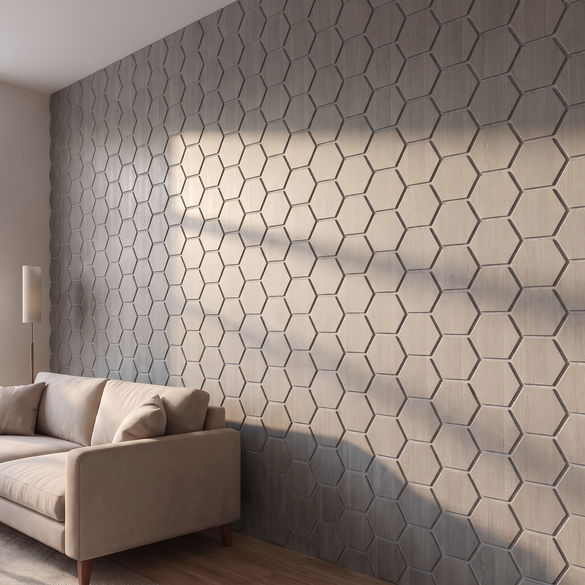Panneau hexagonal noyer gris feutrine grise vue de côté