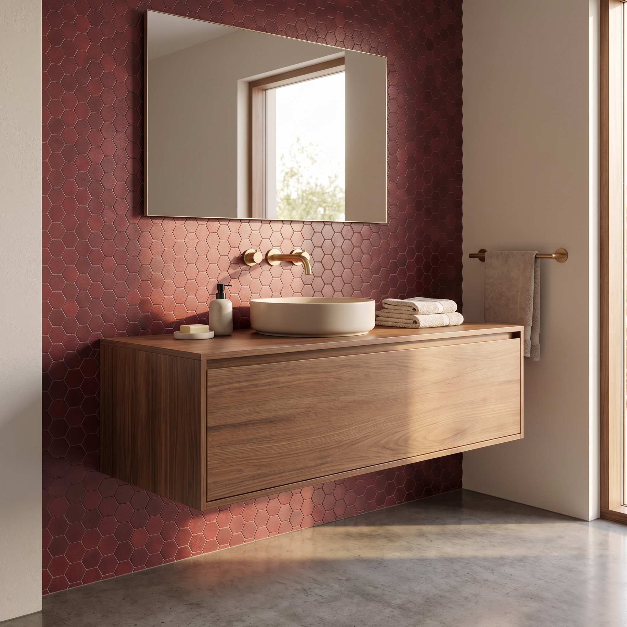 Crédence hexagone bordeaux salle de bain