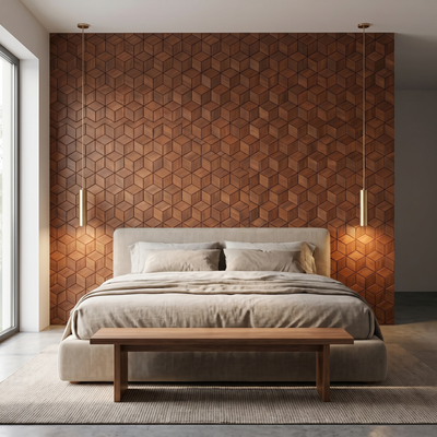 Lobelia Cuivre Rouille panneau mural déco derrière le lit dans une chambre