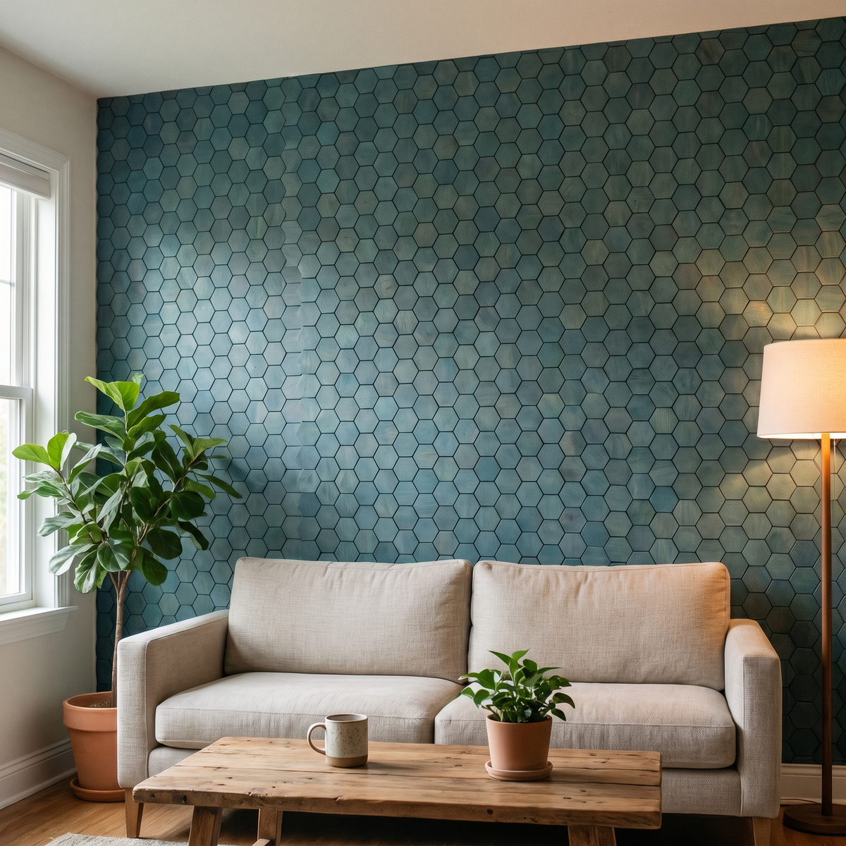 Snowdrop Bleu Cadet panneau mural déco dans un salon moderne
