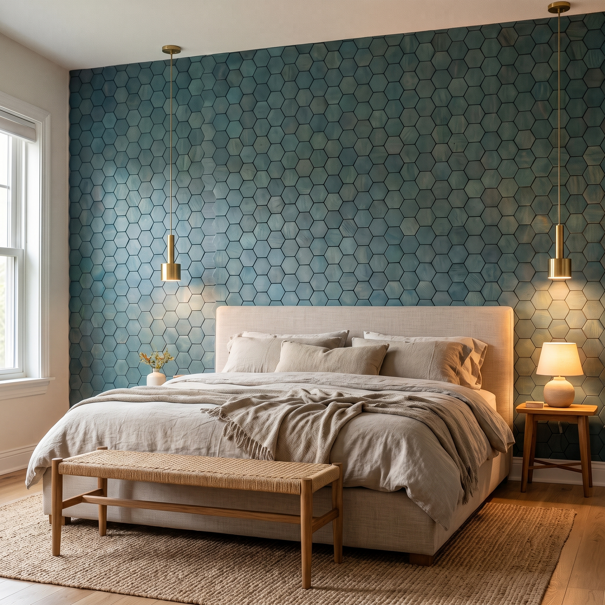 Snowdrop Bleu Cadet panneau mural déco derrière le lit dans une chambre