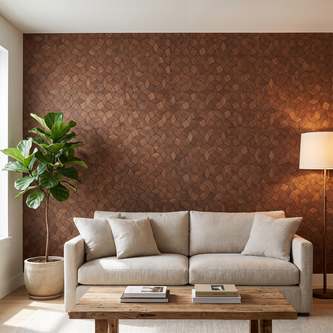 Gardenia Brun Fumé panneau mural déco dans un salon moderne