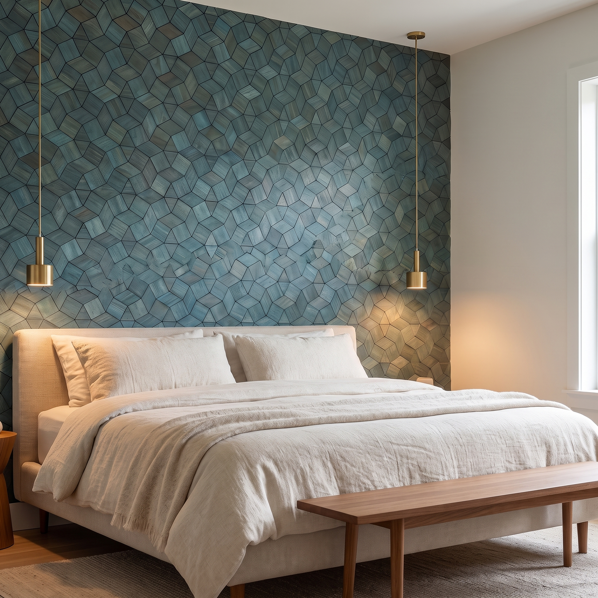 Gardenia Bleu Cadet panneau mural déco derrière le lit dans une chambre